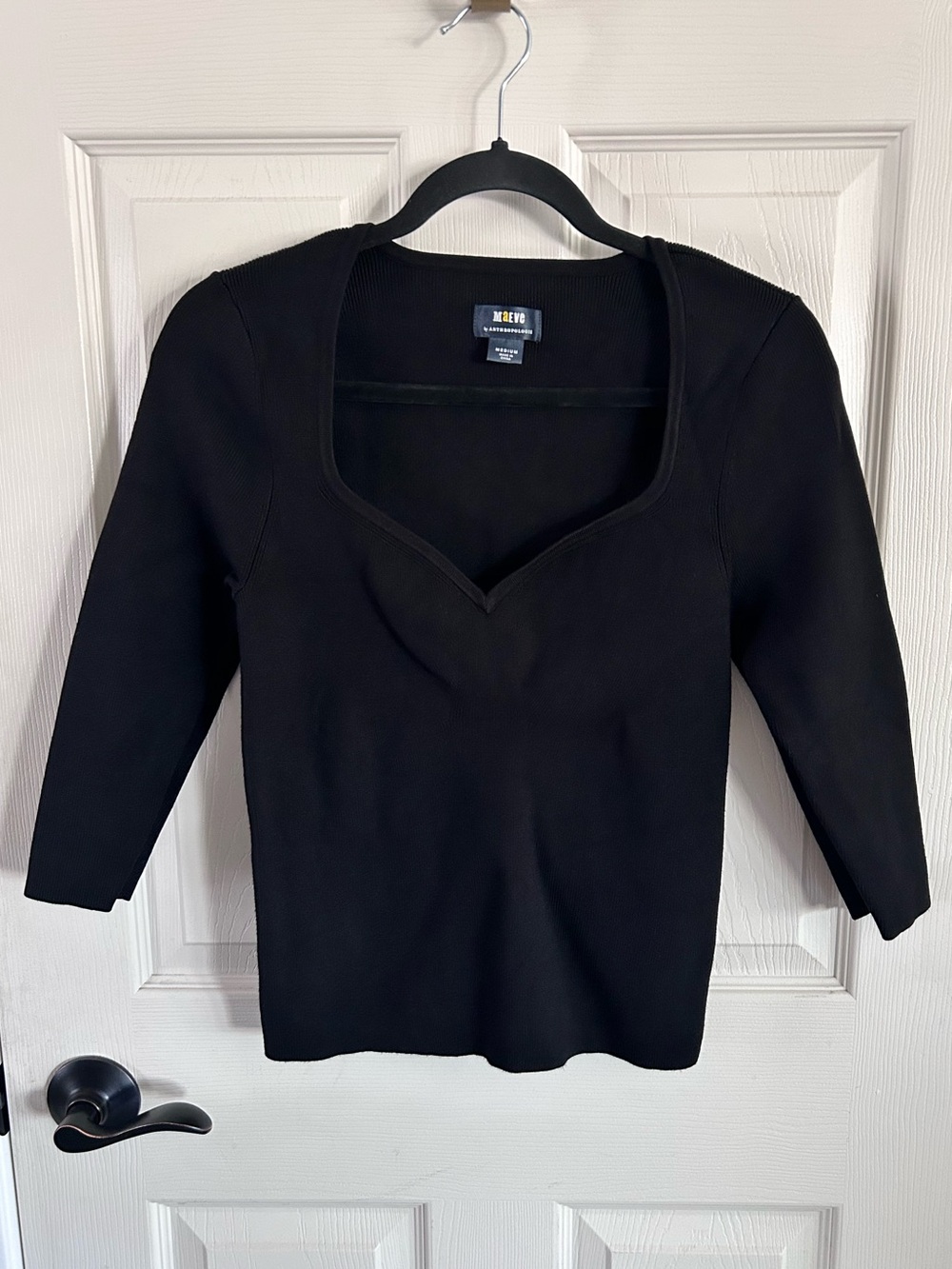 Maeve Anthropologie Black V-Scoop Sweetheart Neckline Ribbed Knit Top Sz Med